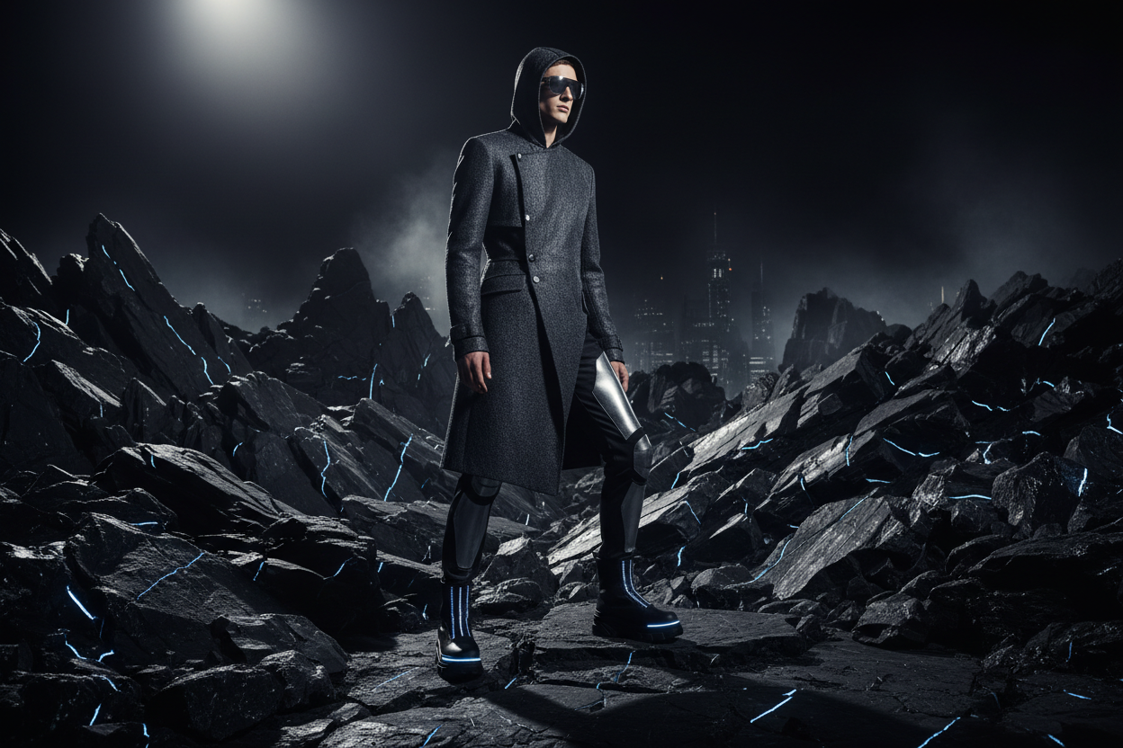 Ciemne, skalne, moda, futuryst, mezczyzna, high end