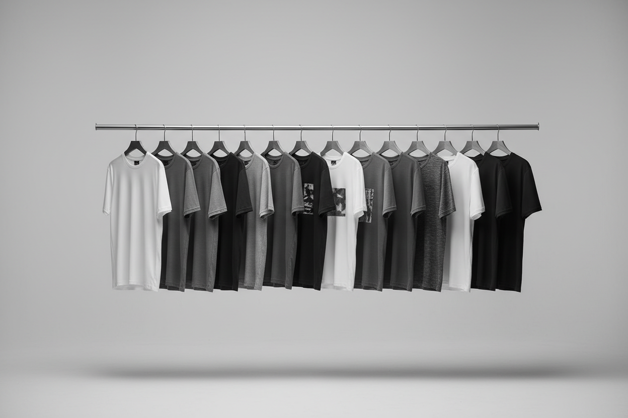 stworz obraz do newslettera w ktorym beda poprostu koszulki na wieszaku zrob to w tonie skalnym, kolorach grafitowych